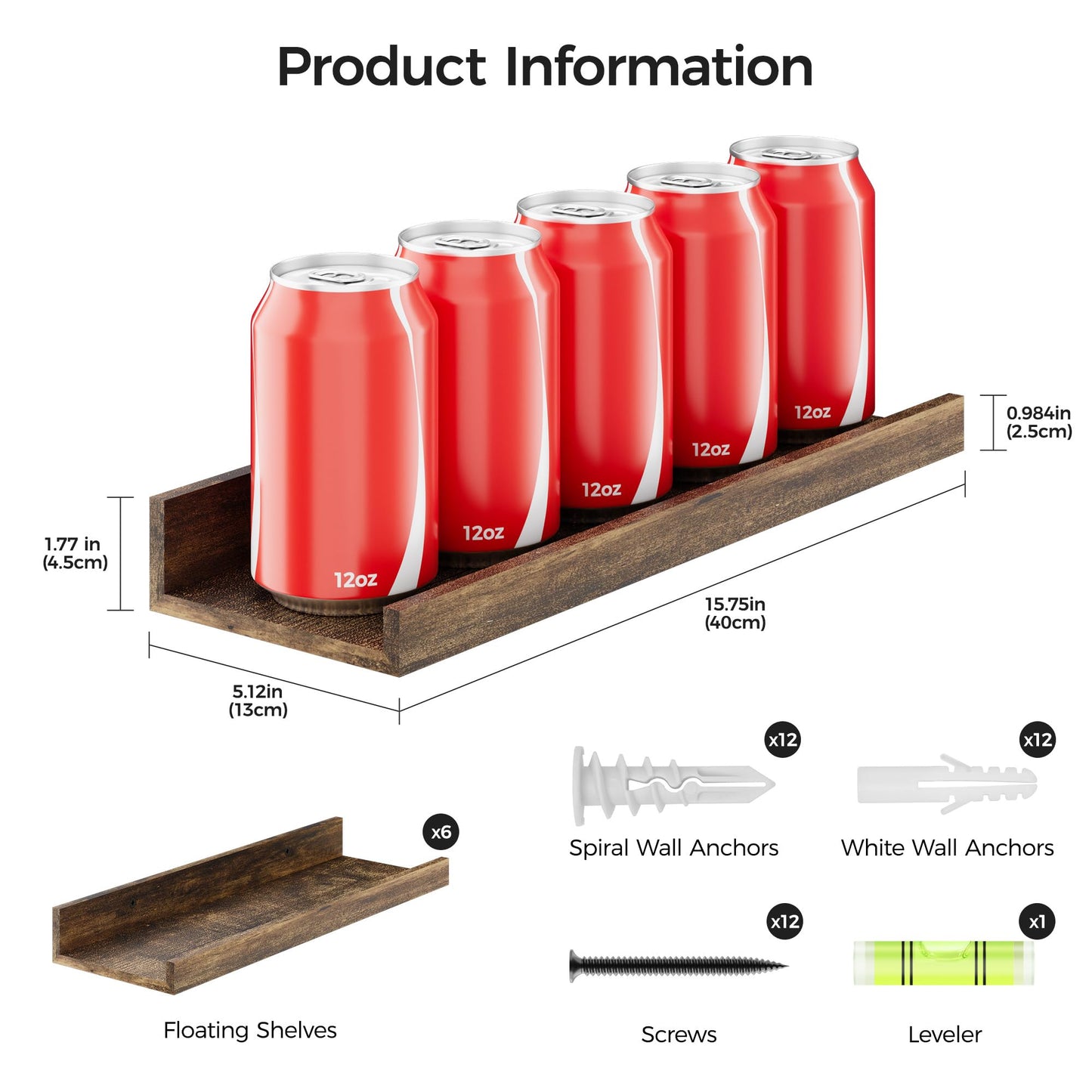 Wood Floating Wall Shelves Set of 6 – Brown Decor Storage