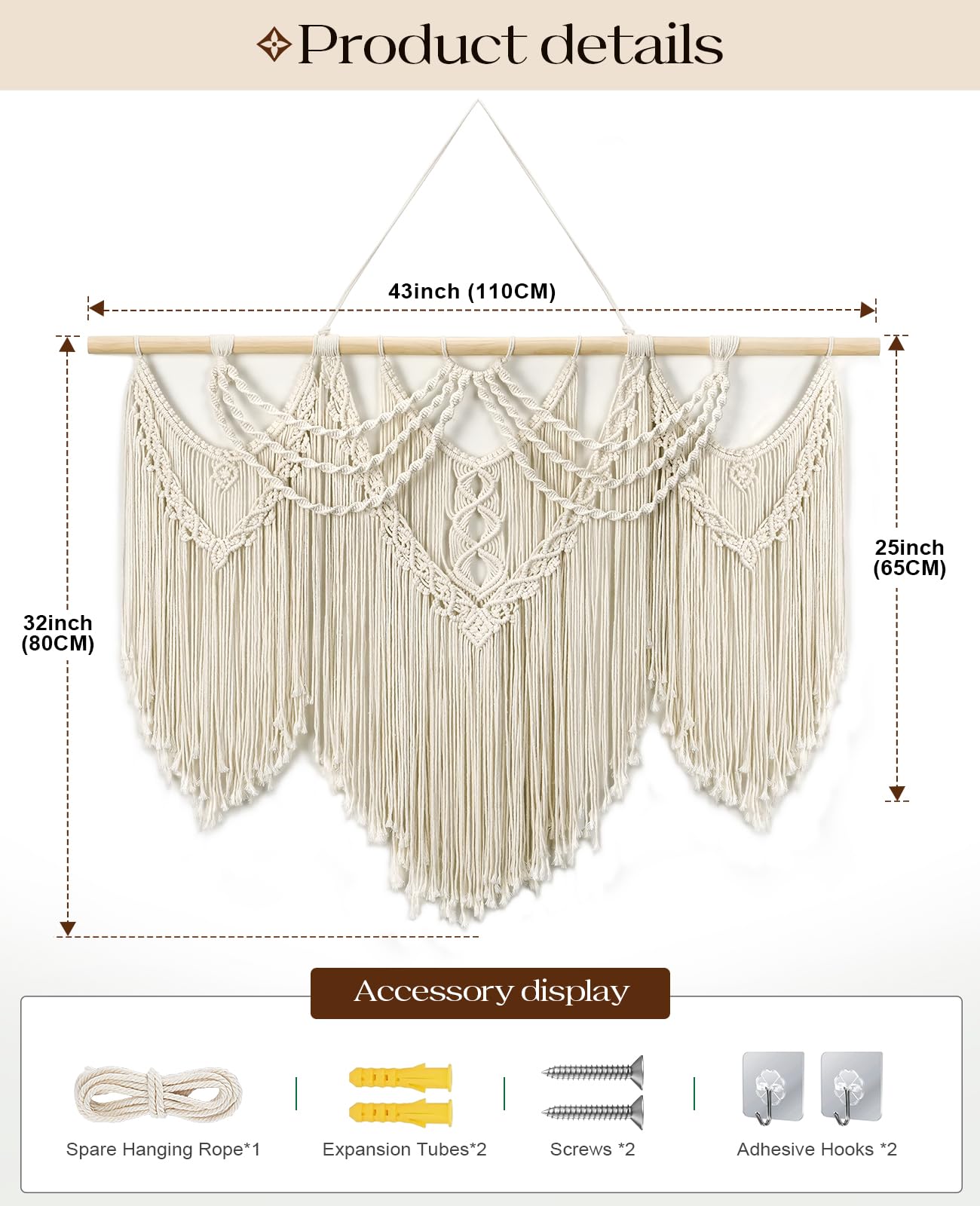 Large Macrame Wall Hanging with Tassels – Boho Tapestry 43” x 32”