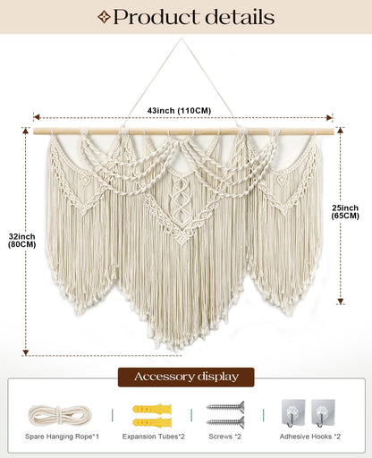 Large Macrame Wall Hanging with Tassels – Boho Tapestry 43” x 32”