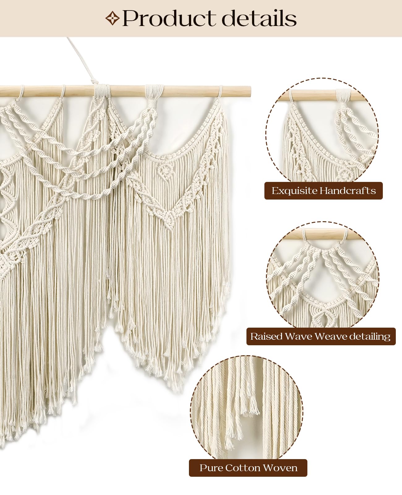 Large Macrame Wall Hanging with Tassels – Boho Tapestry 43” x 32”