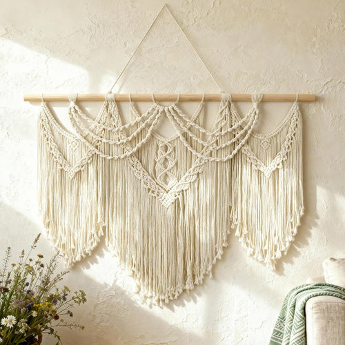 Large Macrame Wall Hanging with Tassels – Boho Tapestry 43” x 32”