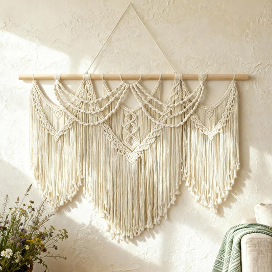 Large Macrame Wall Hanging with Tassels – Boho Tapestry 43” x 32”