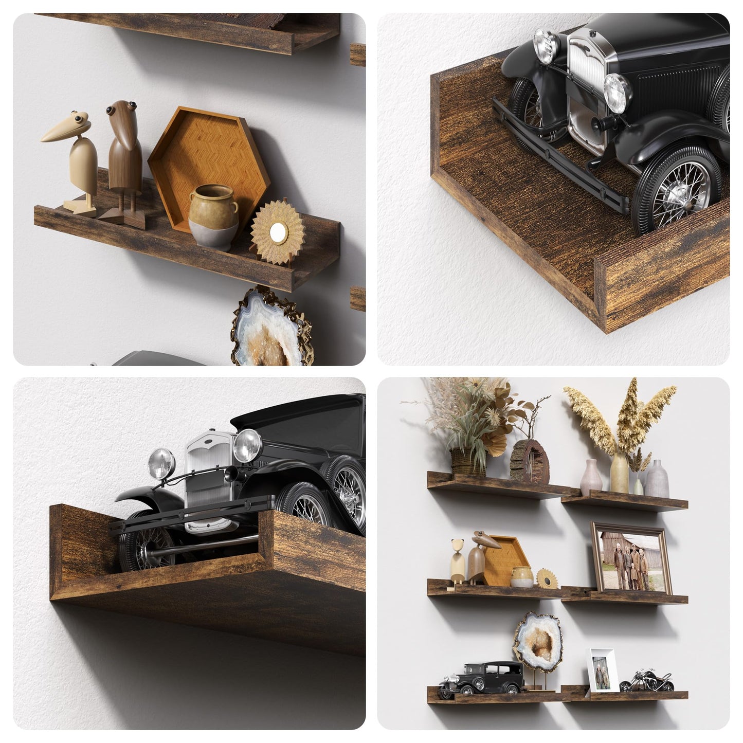 Wood Floating Wall Shelves Set of 6 – Brown Decor Storage