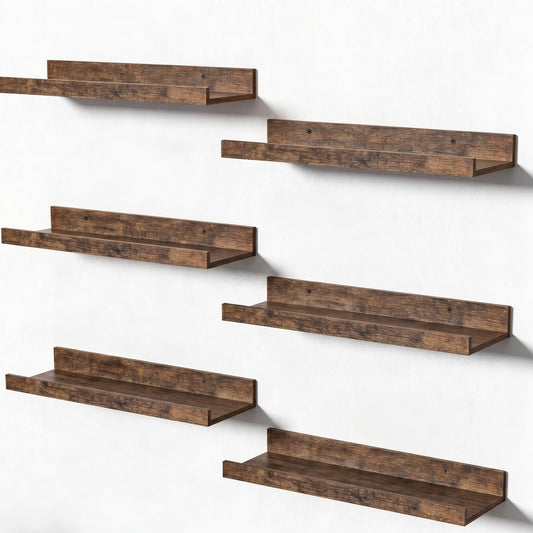 Wood Floating Wall Shelves Set of 6 – Brown Decor Storage