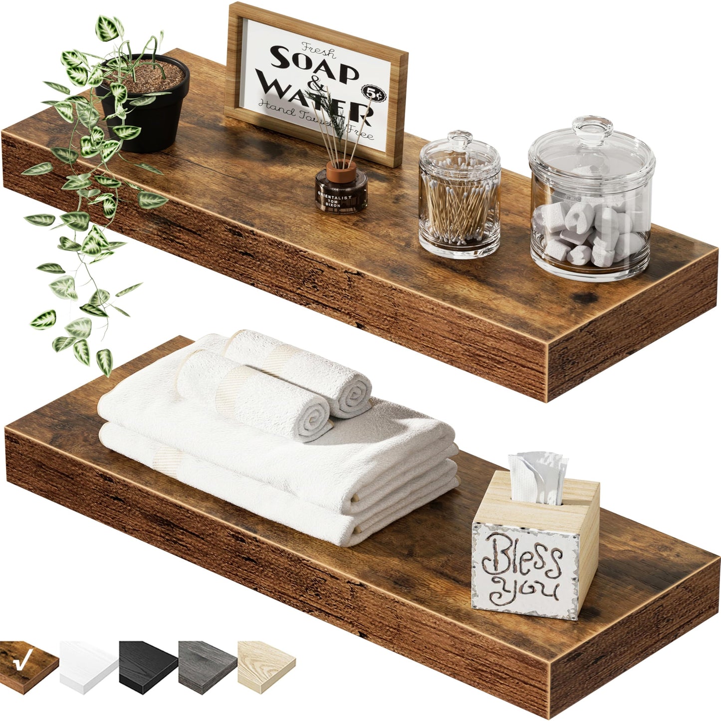 Bathroom Floating Wall Shelves Set of 2 – Rustic Brown 15.7”